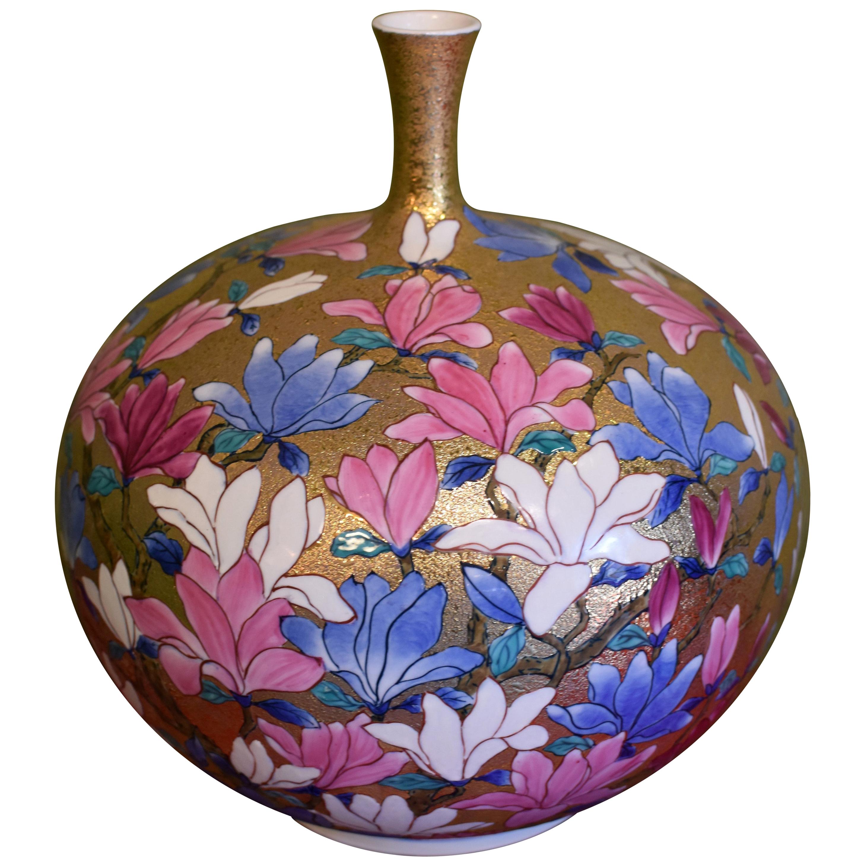 Japanese Gold Pink Blue Porcelain Vase by Contemporary Master Artist