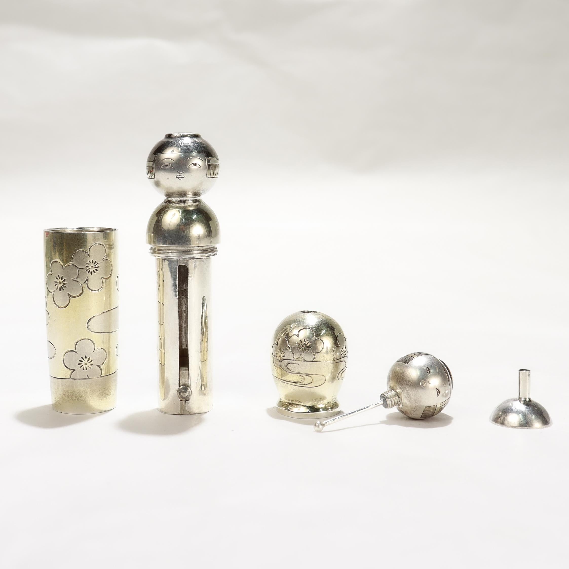 Set de porte-rouge à lèvres et de flacon de parfum japonais en argent 950 doré en vente 7