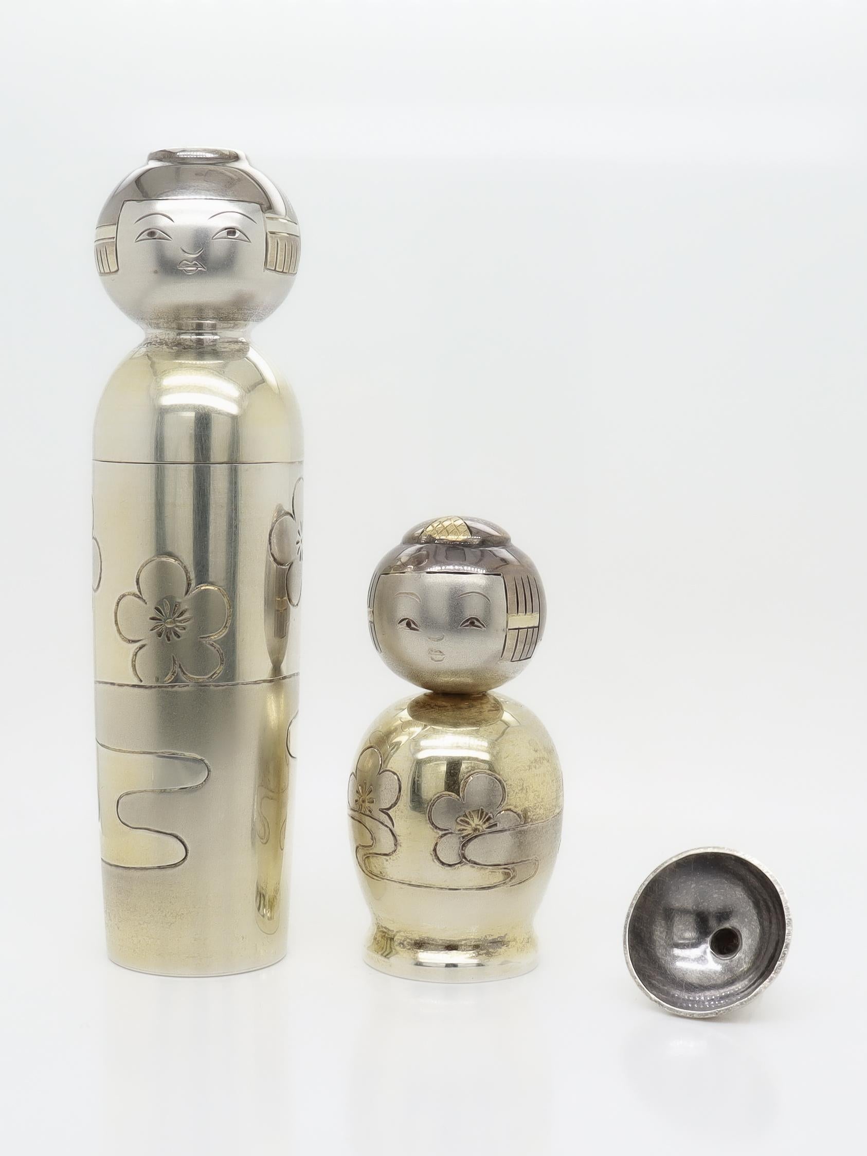 Set de porte-rouge à lèvres et de flacon de parfum japonais en argent 950 doré en vente 1