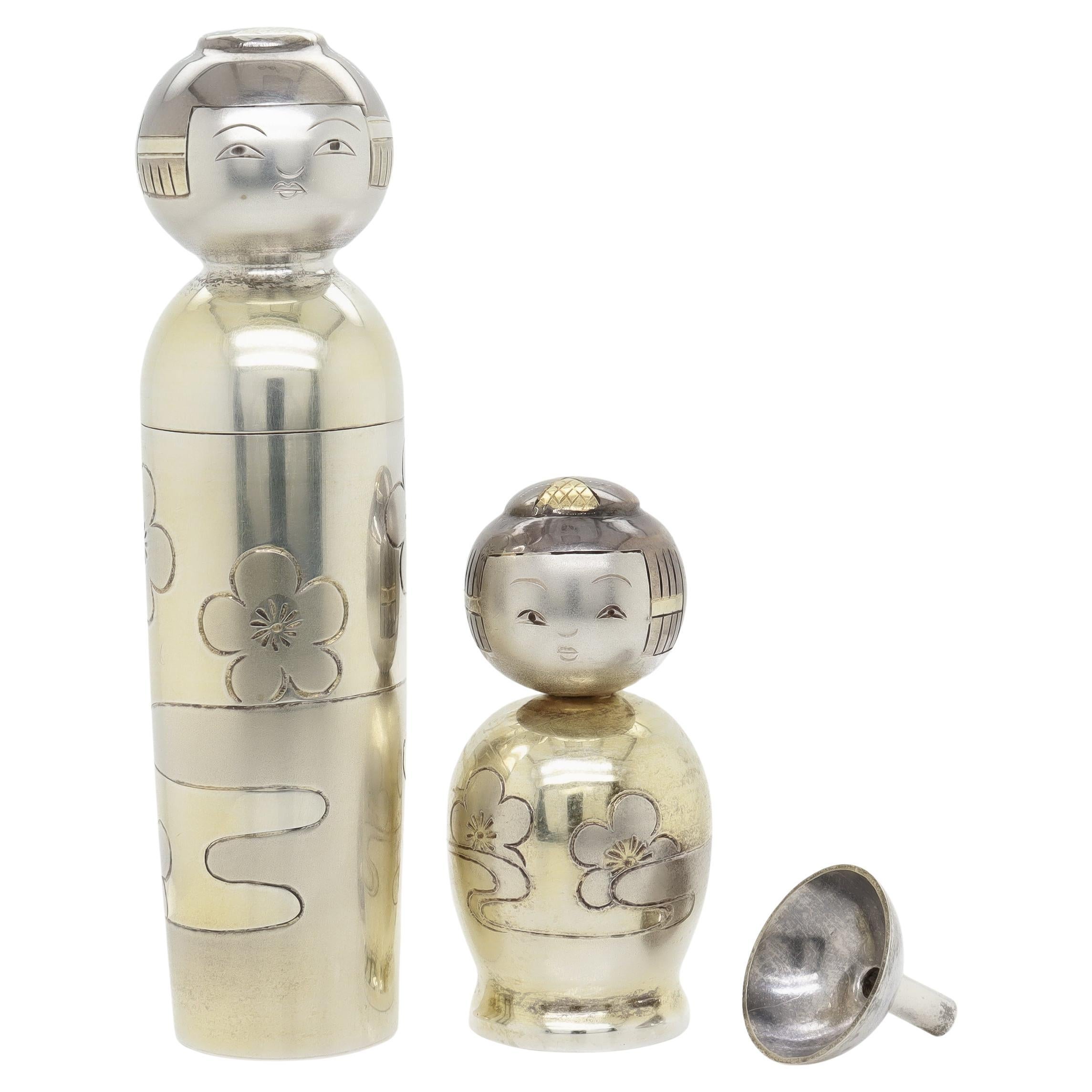 Japanese Gilt 950 Silver Lipstick Holder & Perfume Bottle Set