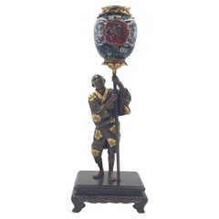 Japanese Gilt Bronze Figure Holding a Cloisonné Urn, Meiji Period