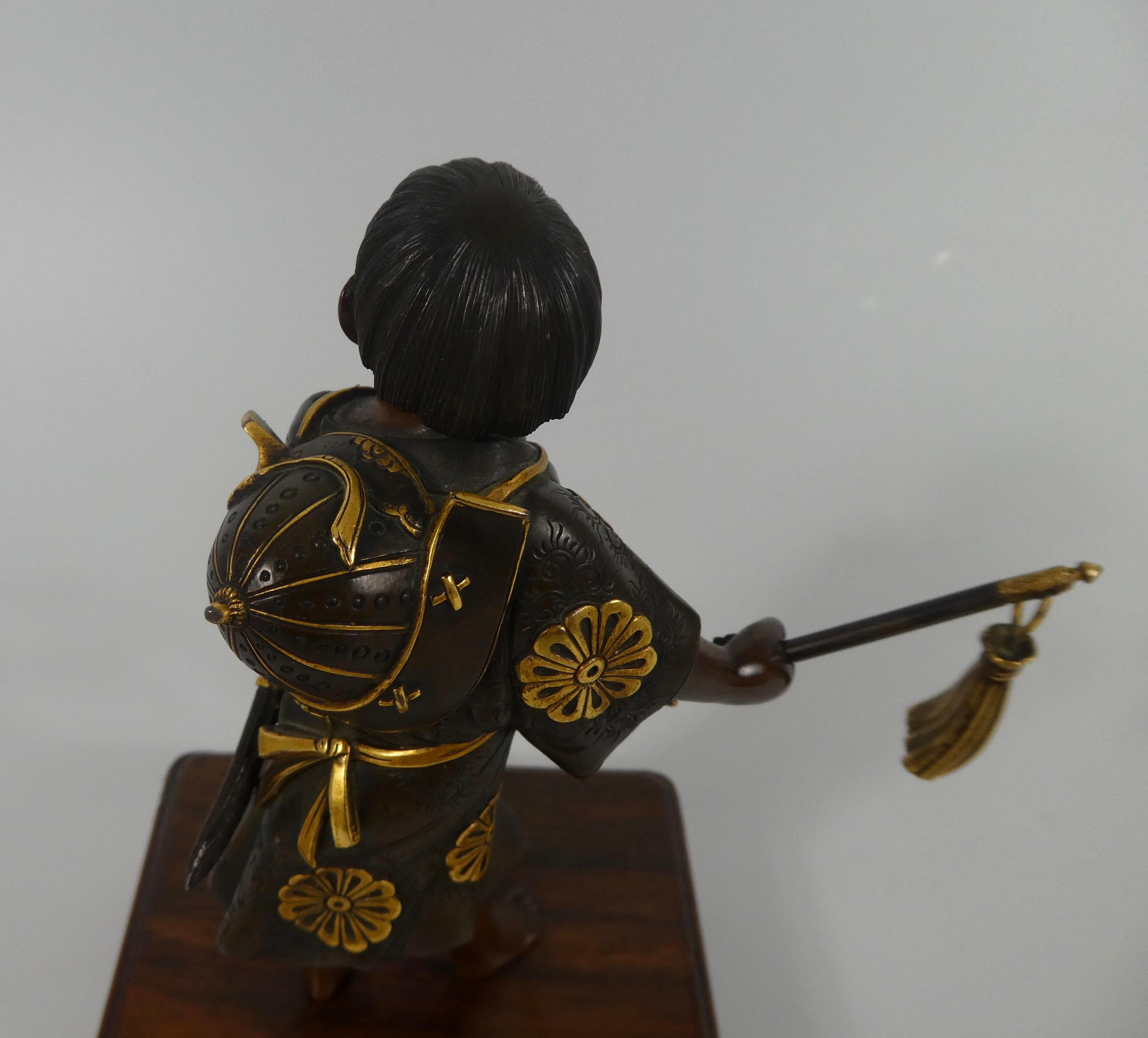 Forged Japanese Gilt Bronze Okimono of a Boy, Miyao Eisuke, Meiji Period