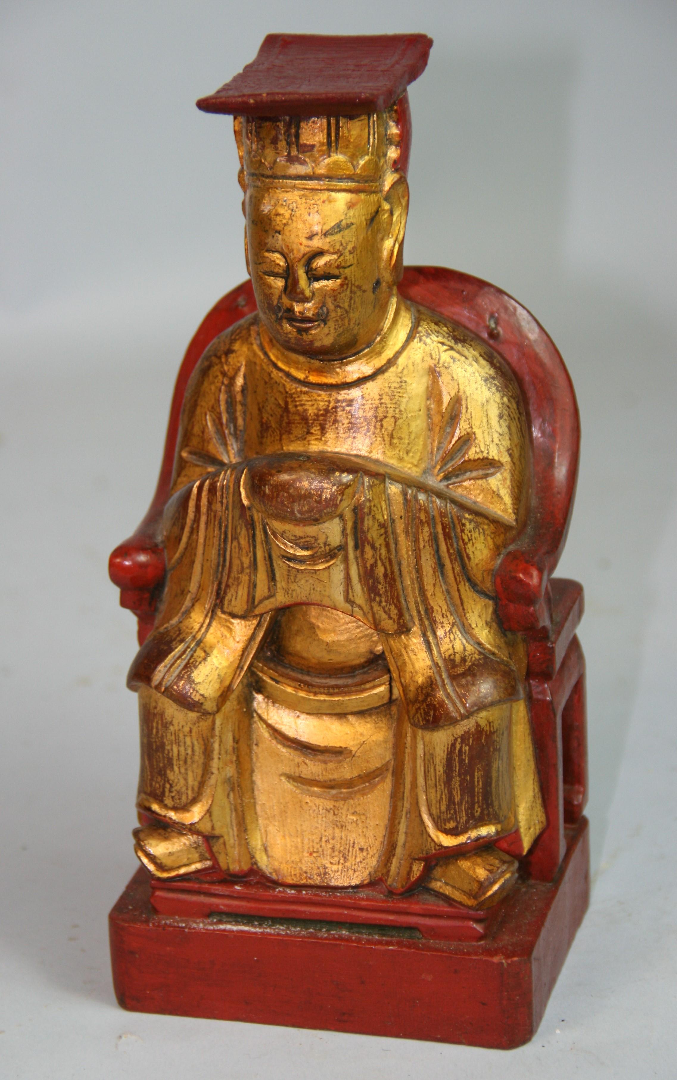 1492 Japanese gilt carved wood seated Buddha with hidden compartment in back