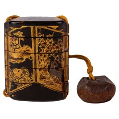 Japanese Gilt Lacquered Five Drawer Inro Ojime with Netsuke Meiji 19th Century 