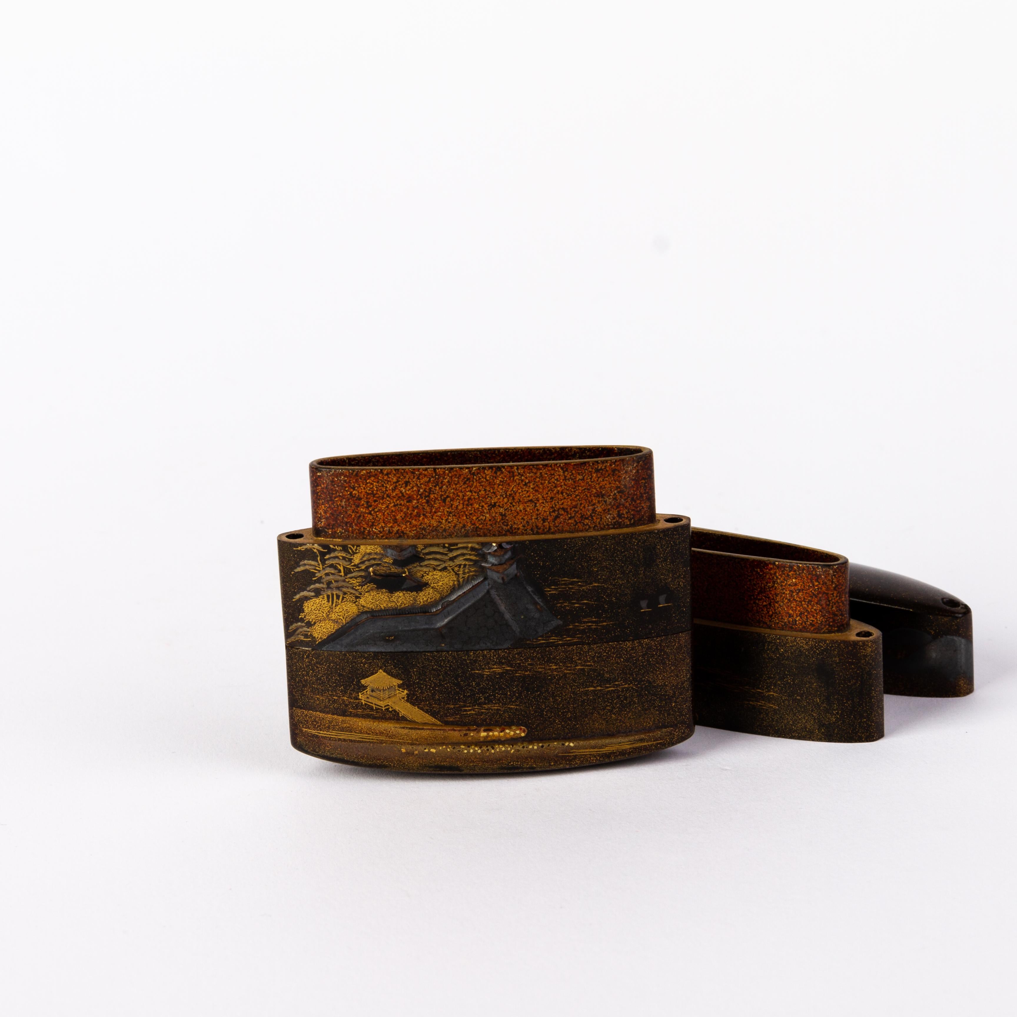 Hand-Carved Japanese Gilt Lacquered Inro Ojime Meiji 19th Century Netsuke Holder  For Sale