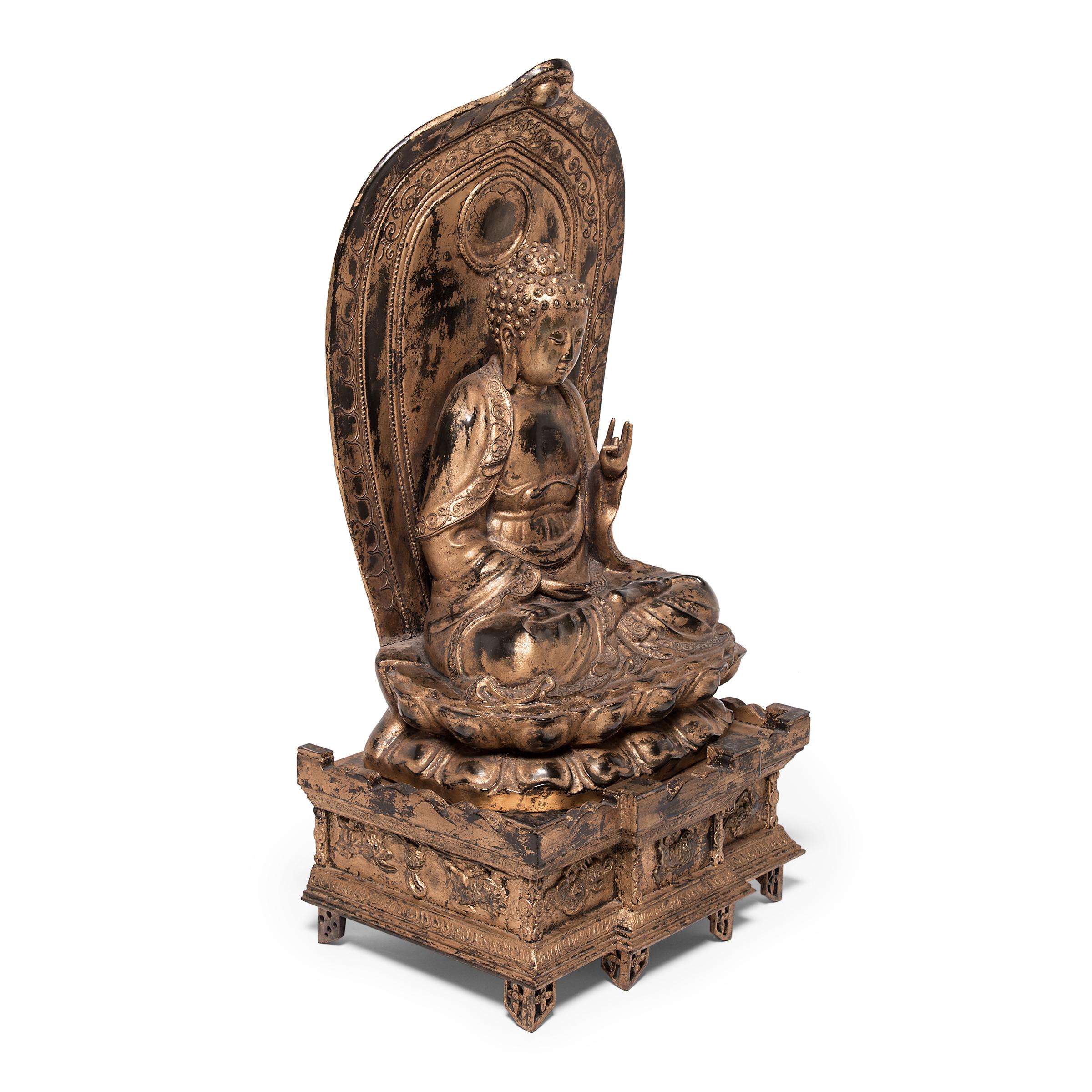 Hand-Carved Japanese Gilt Sakyamuni Buddha with Stele