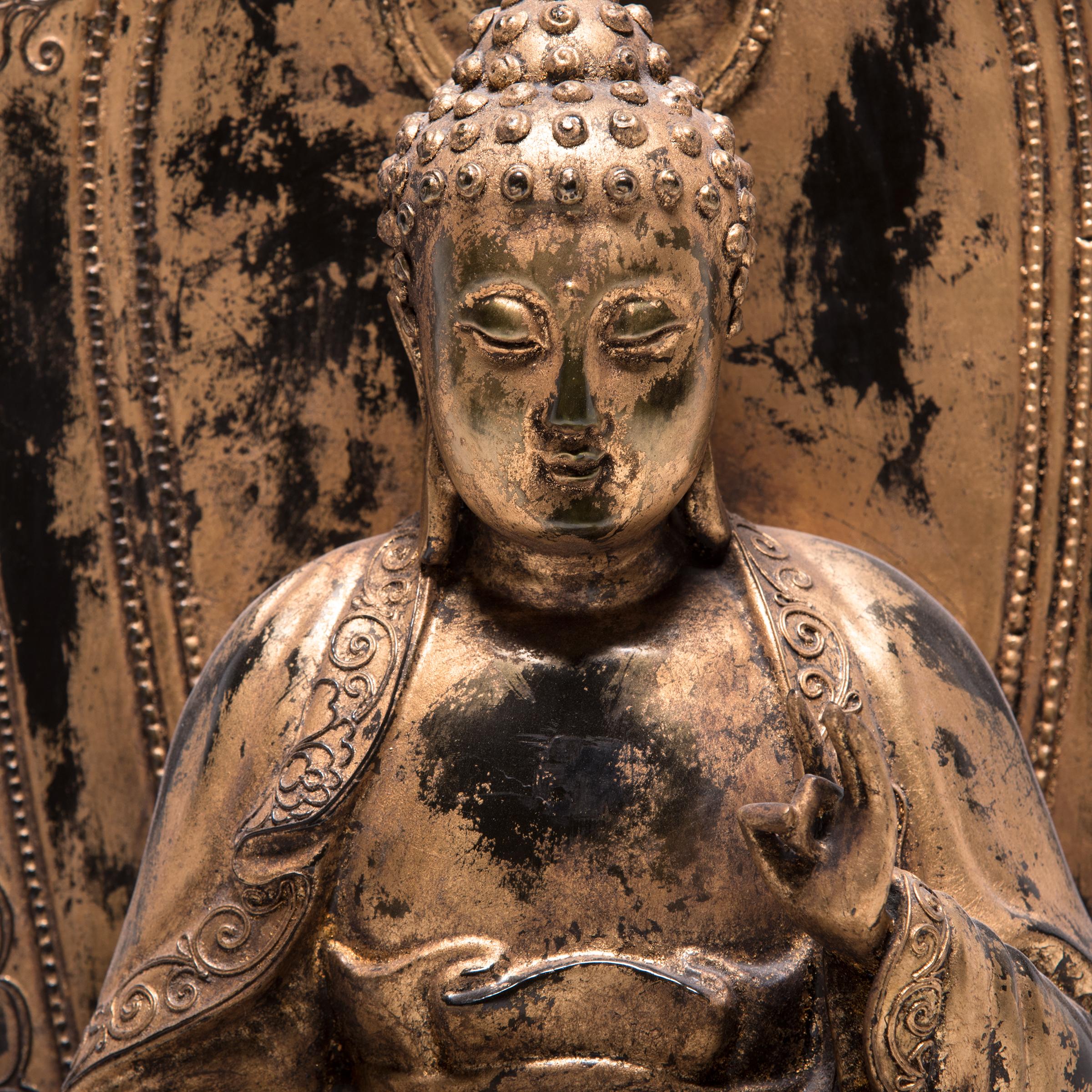 Japanese Gilt Sakyamuni Buddha with Stele In Good Condition In Chicago, IL