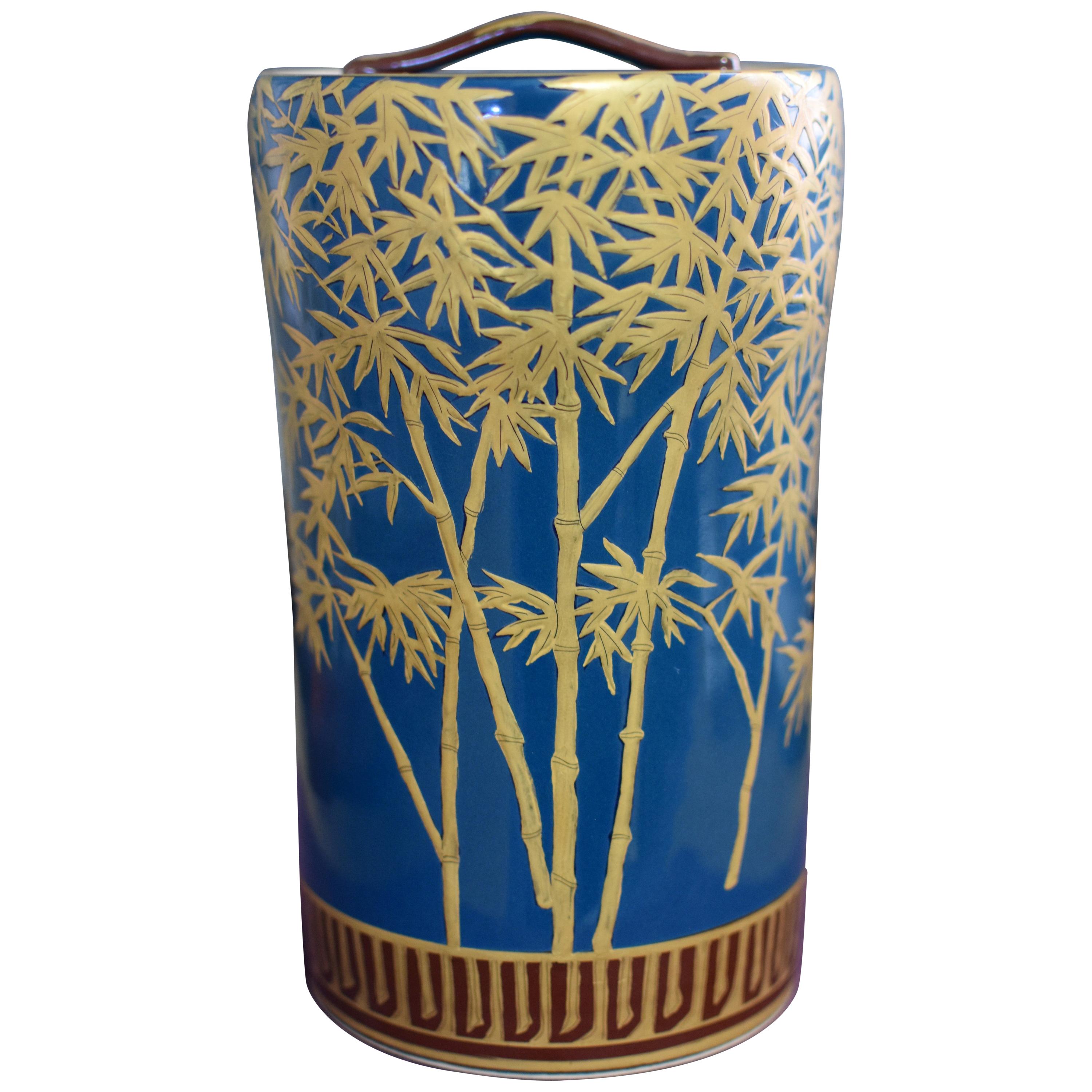 Japanese Blue Gold Mizusashi Water Jar by Master Contemporary Porcelain Artist