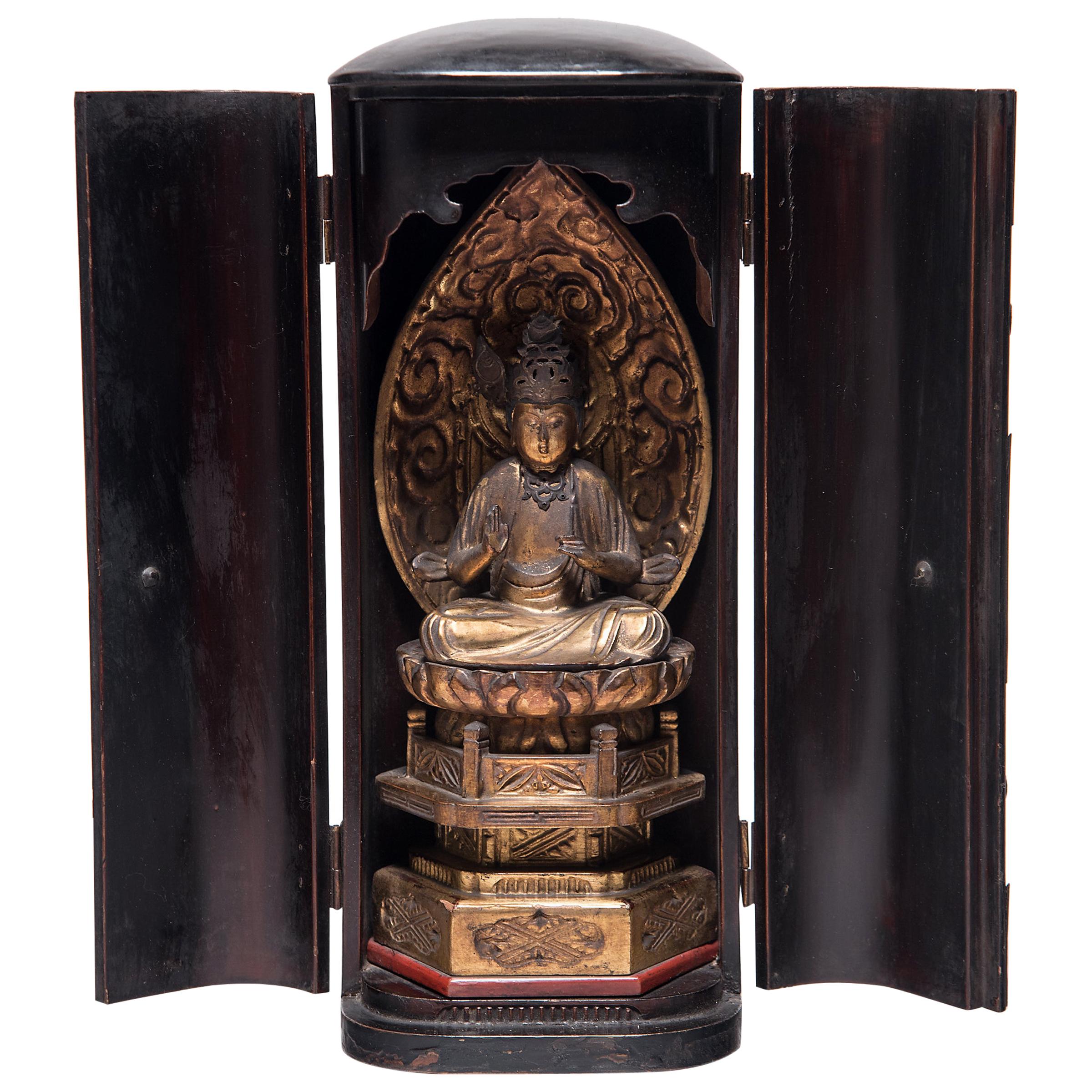 Japanese Gilt Traveling Shrine of Seated Kannon, circa 1900