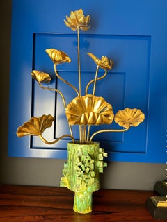Japanese Gilt Wood Lotus Flowers in Brutalist Ceramic Pot
