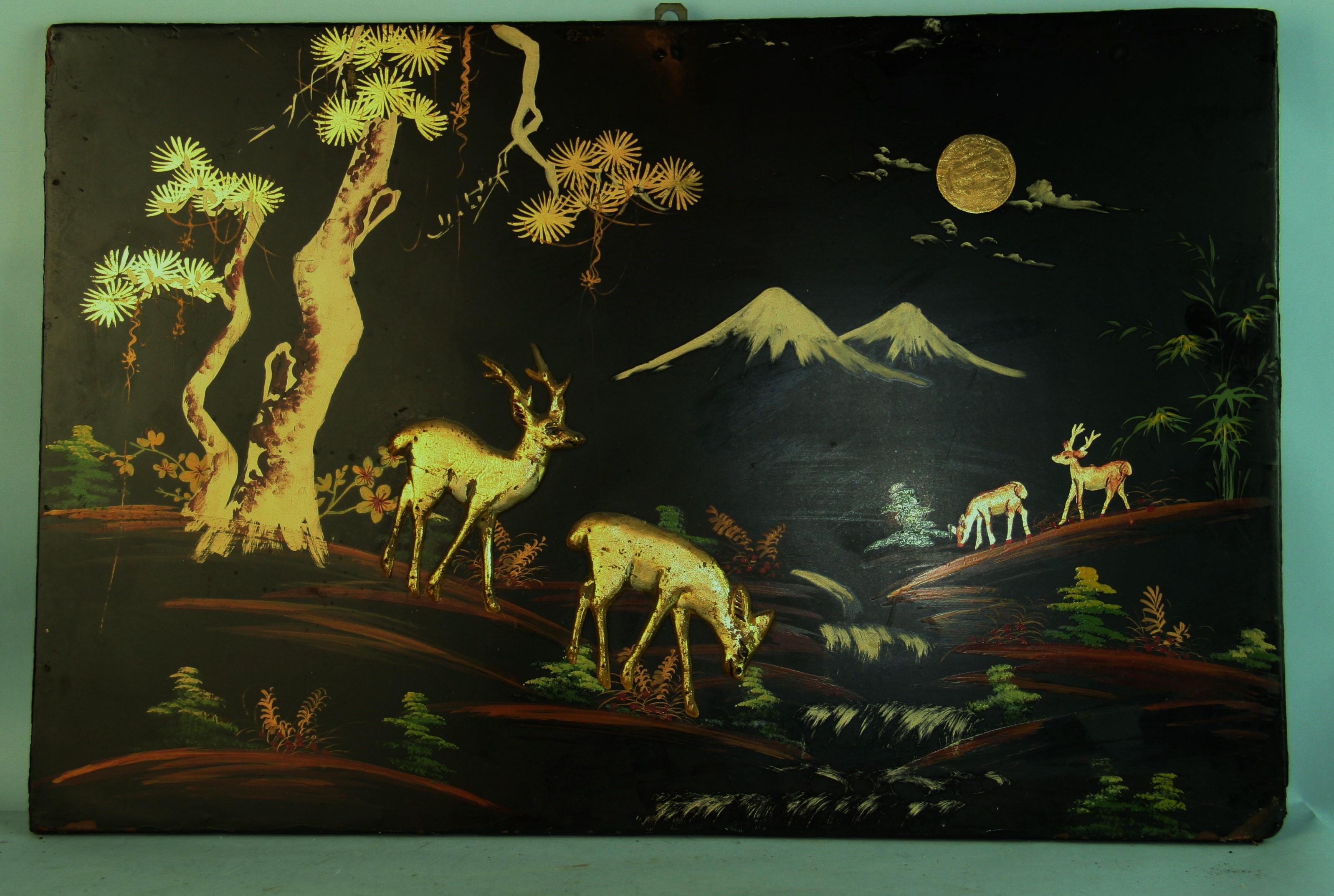 1262 Japanese gilt wood panel deer at the base of mount Fuji.