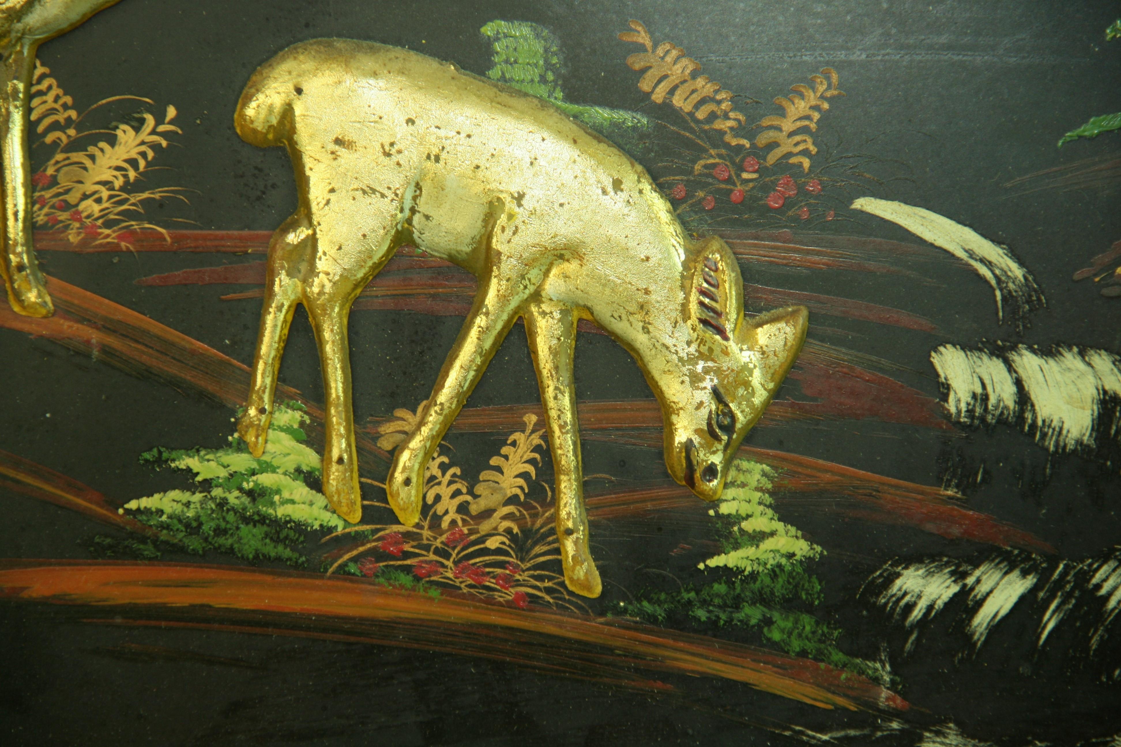 Mid-20th Century Japanese Gilt Wood Panel Deer at the Base of Mount Fuji For Sale