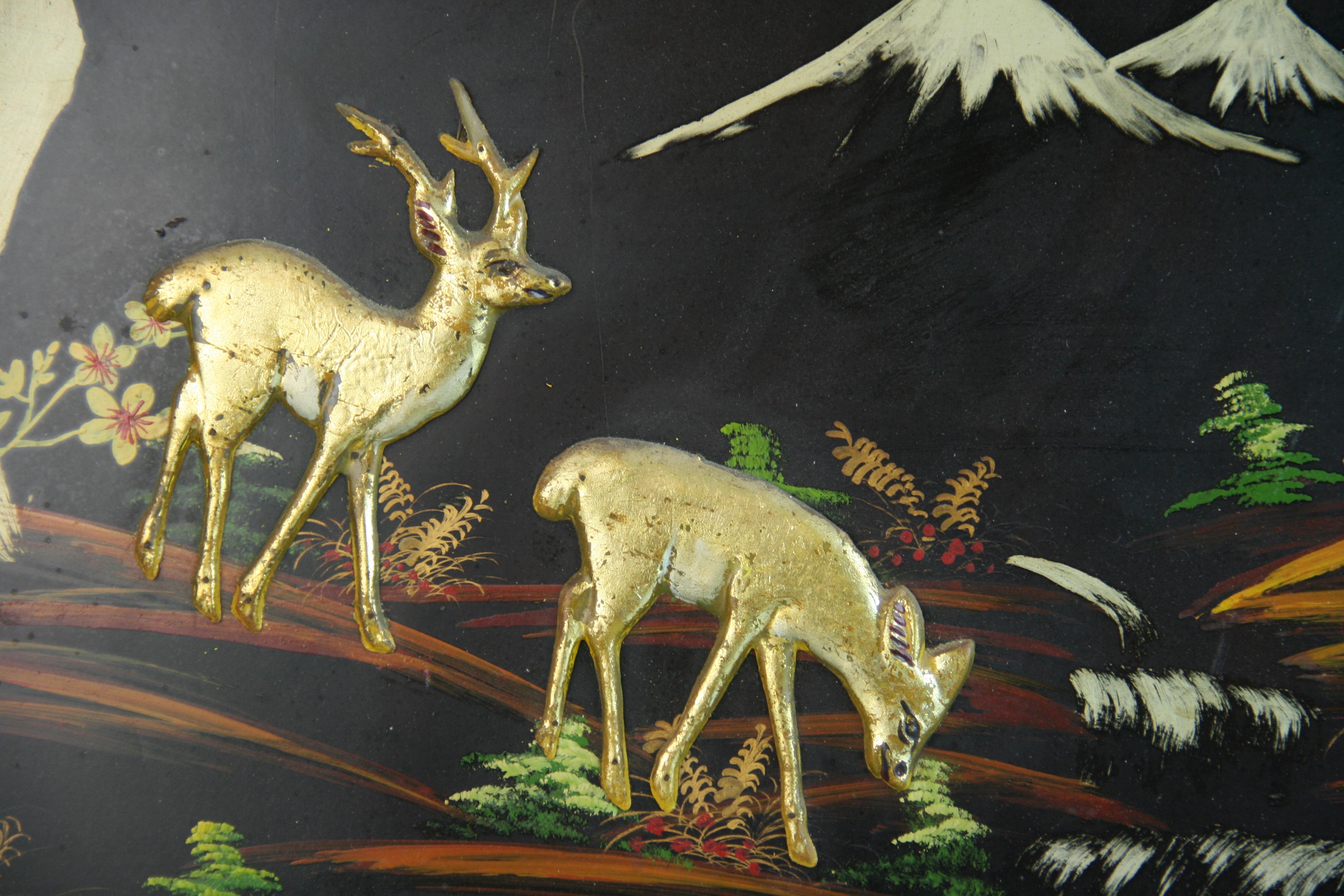 Fruitwood Japanese Gilt Wood Panel Deer at the Base of Mount Fuji For Sale