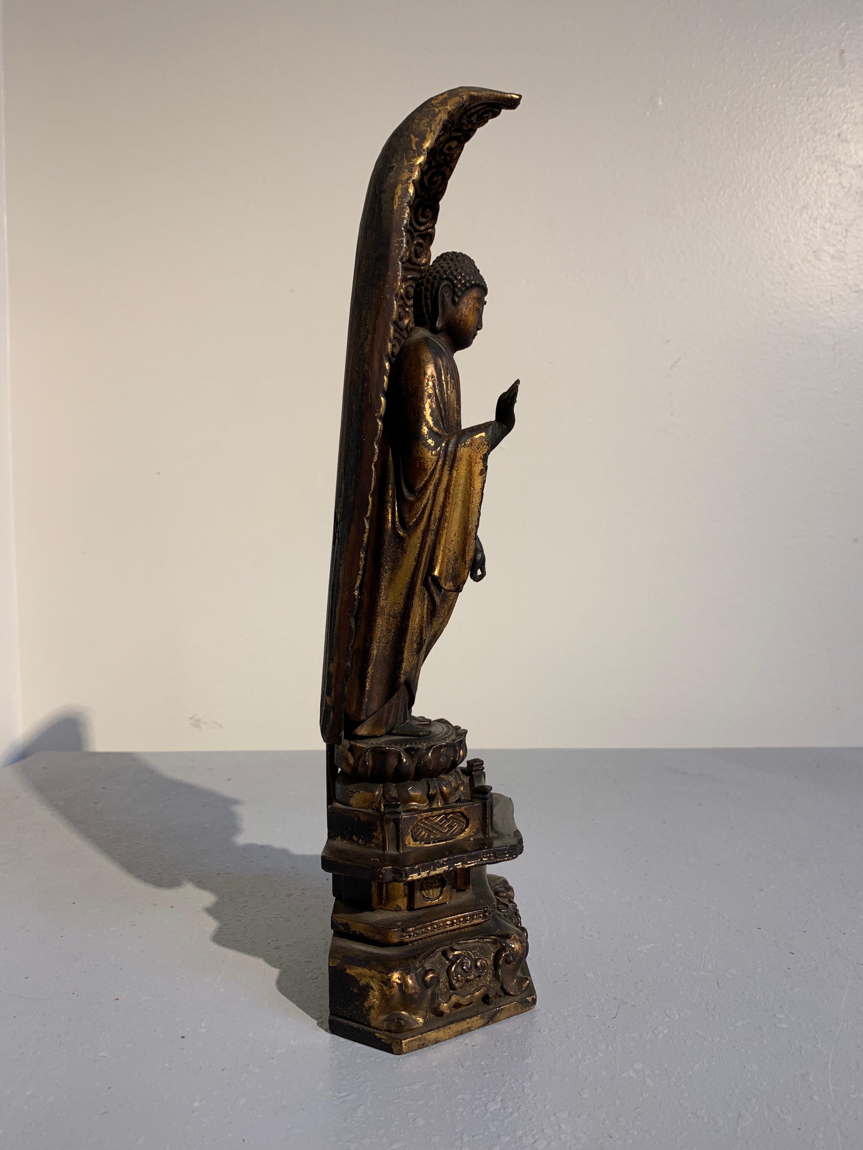 Rock Crystal Japanese Giltwood Standing Amida Raigo Buddha, Edo Period, Early 19th century