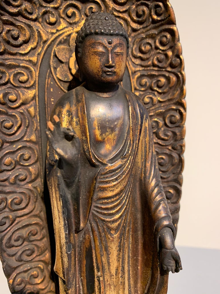 Japanese Giltwood Standing Amida Raigo Buddha, Edo Period, Early 19th