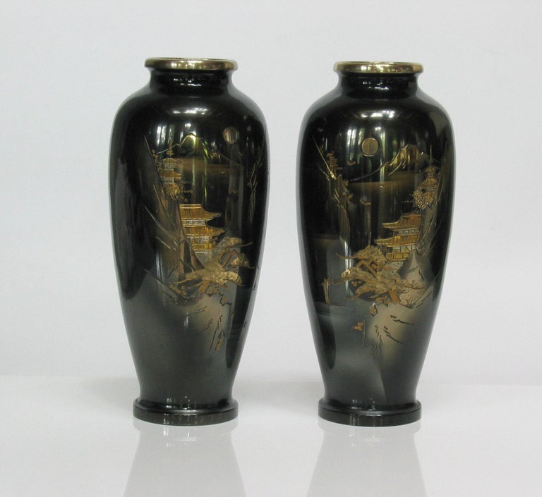 Japanese Ginbari Cloisonné Enamel Vase and Pair of Patinated Bronze