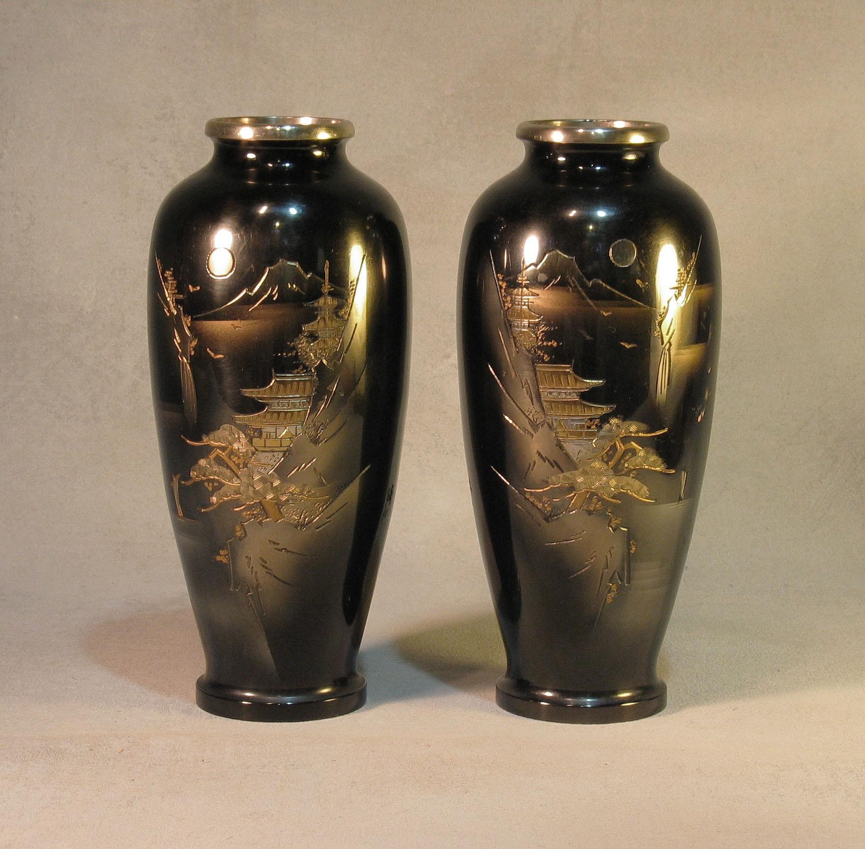 20th Century Japanese Ginbari Cloisonne Enamel Vase & Pair of Patinated Bronze Engraved Vases