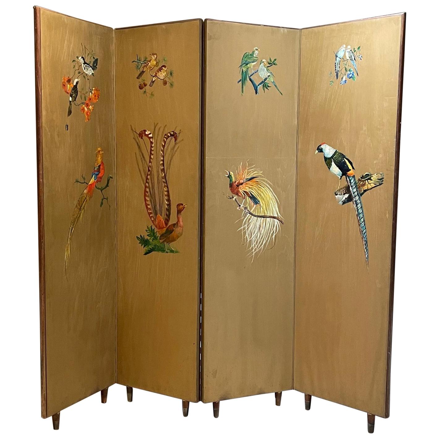 1950s Four Panel Gold Leaf Room Divider Double-Sided Japanese Inspired