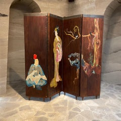 1950s Four Panel Gold Leaf Room Divider Double-Sided Japanese Inspired