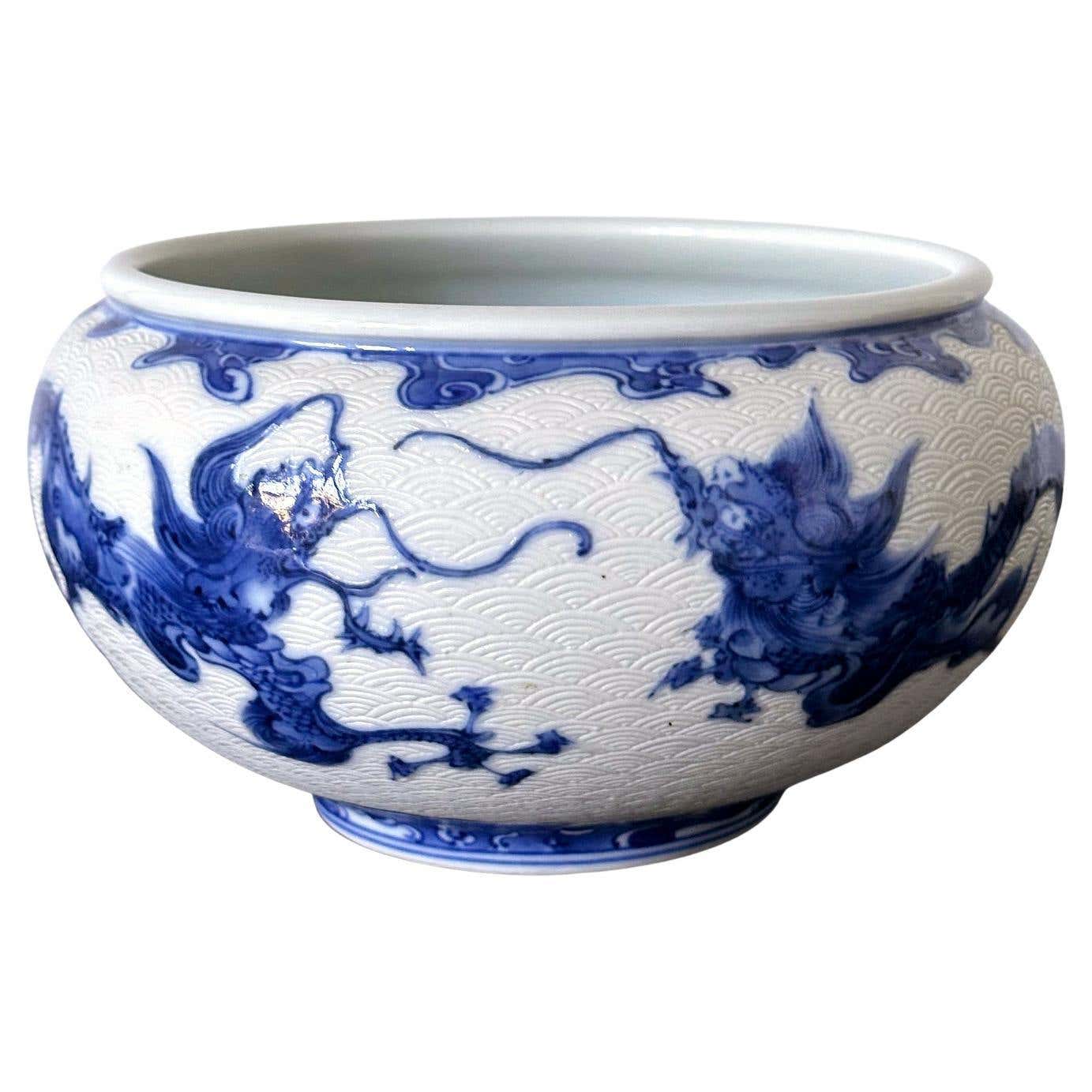 Japanese Glazed and Caved Ceramic Dragon Bowl by Makuzu Kozan For Sale ...