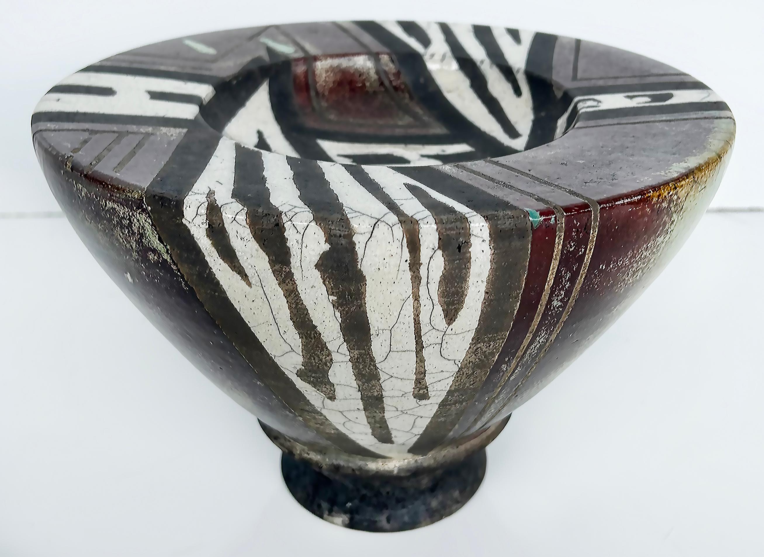 Japanese Glazed and Painted Centerpiece Bowl Object, Fish Logo

Offered for sale is a mid-20th century Japanese very decorative glazed and painted ceramic Objet d'art with a bowl-form top. The work uses many glazes to create interest and the base is