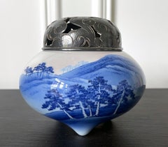 Japanese Glazed Ceramic and Silver Koro Incense Burner Makuzu Kozan