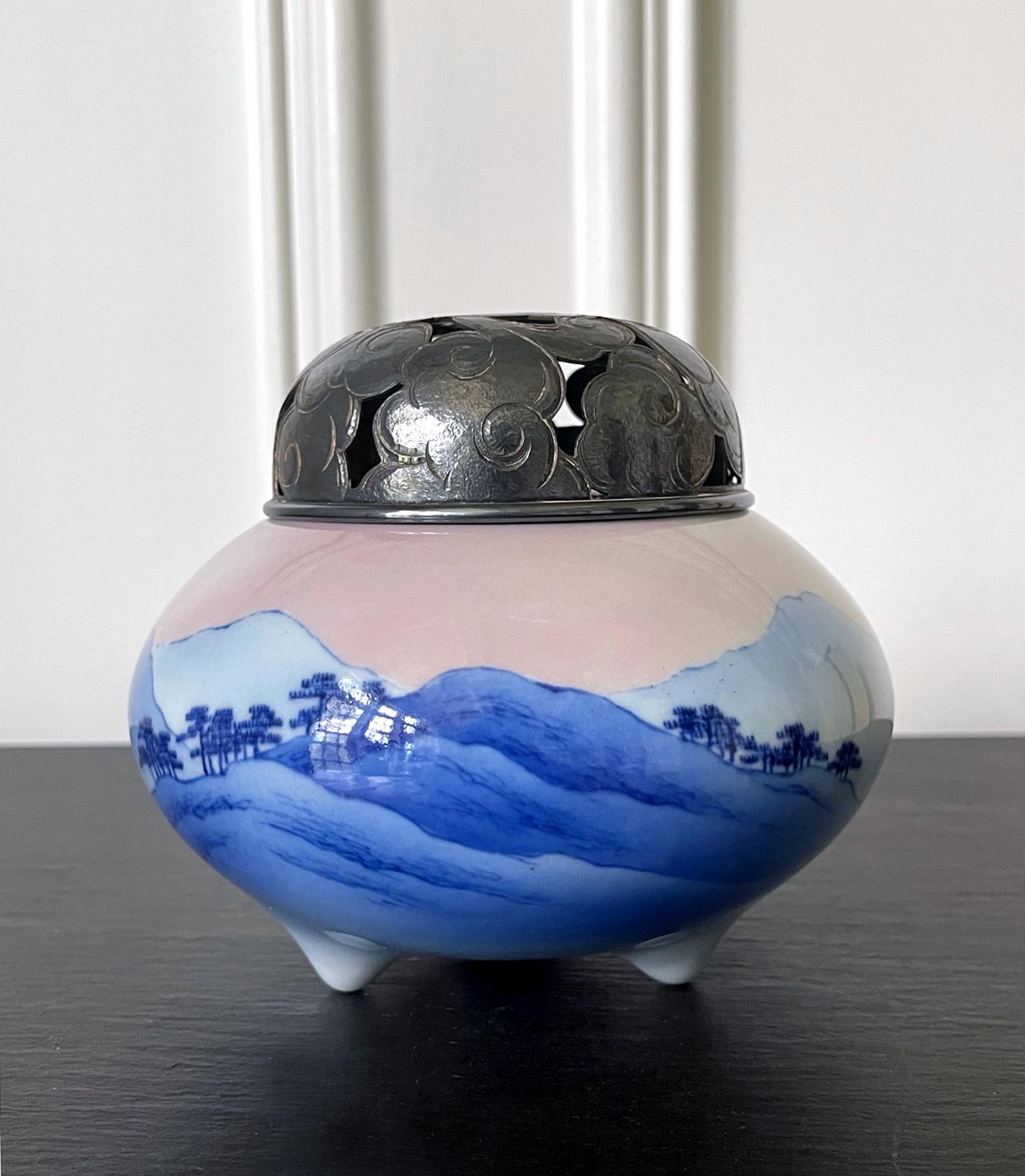 Early 20th Century Japanese Glazed Ceramic and Silver Koro Incense Burner Makuzu Kozan  For Sale
