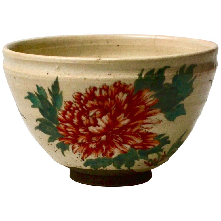 Japanese Glazed Tea Bowl with Floral Decoration For Sale at 1stDibs