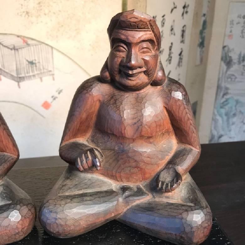 Hand-Carved Japanese Pair Antique Hand Carved Prosperity and Business Lucky Gods  For Sale