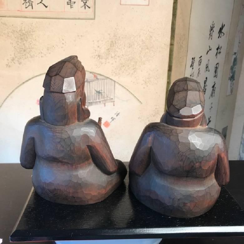 Wood Japanese Pair Antique Hand Carved Prosperity and Business Lucky Gods  For Sale