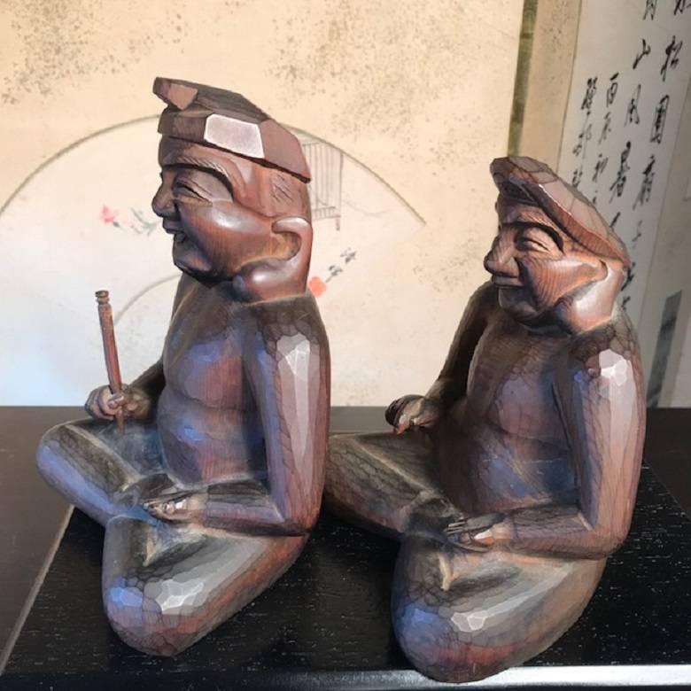 Japanese Pair Antique Hand Carved Prosperity and Business Lucky Gods 1