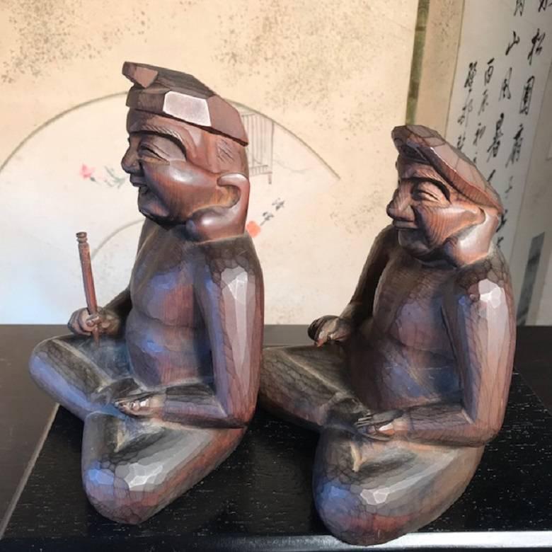 Japanese Pair Antique Hand Carved Prosperity and Business Lucky Gods  For Sale 1