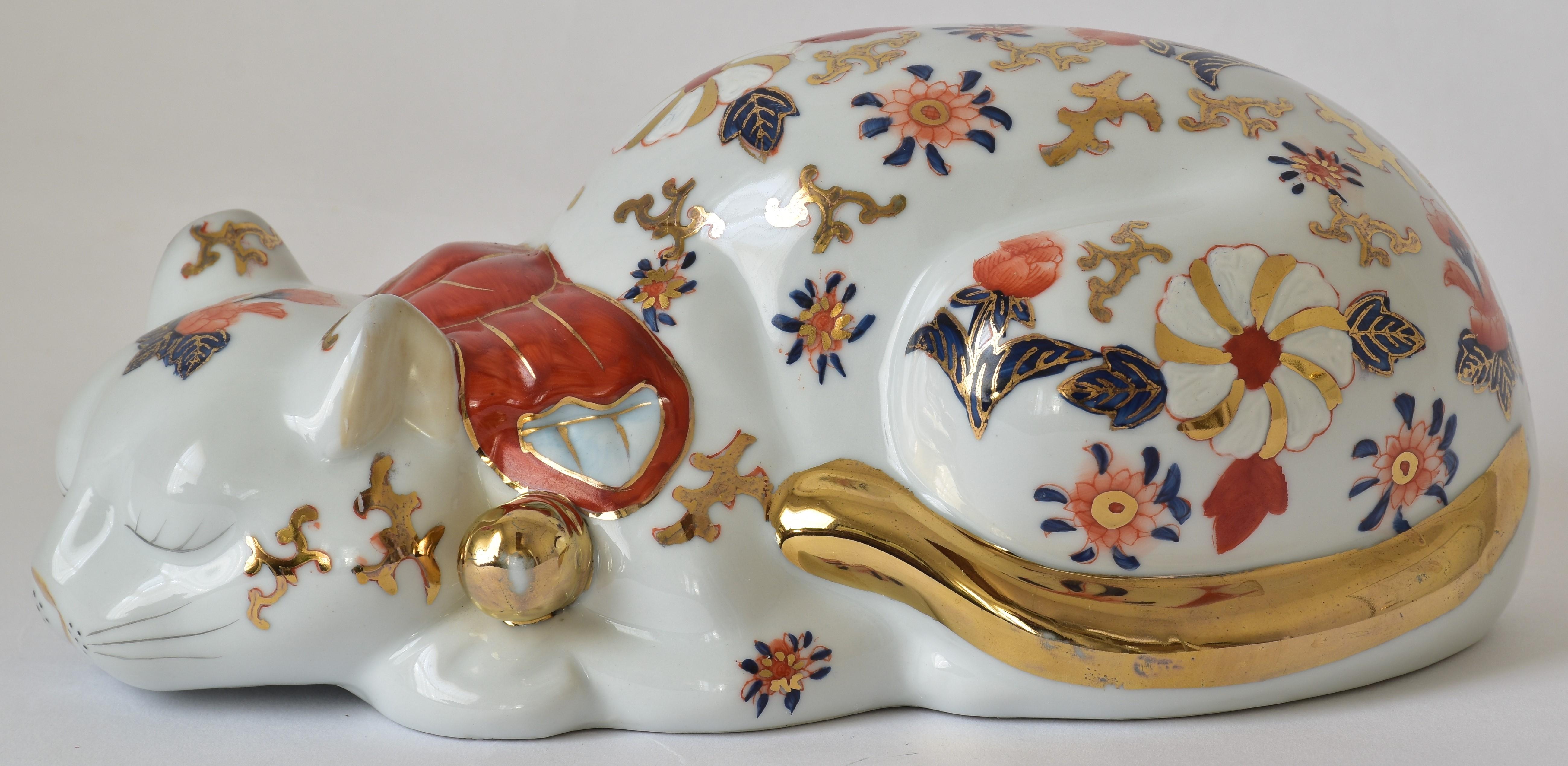 Mid-20th Century Japanese Gold Blue Orange Red Porcelain Sleeping Cat, circa 1960