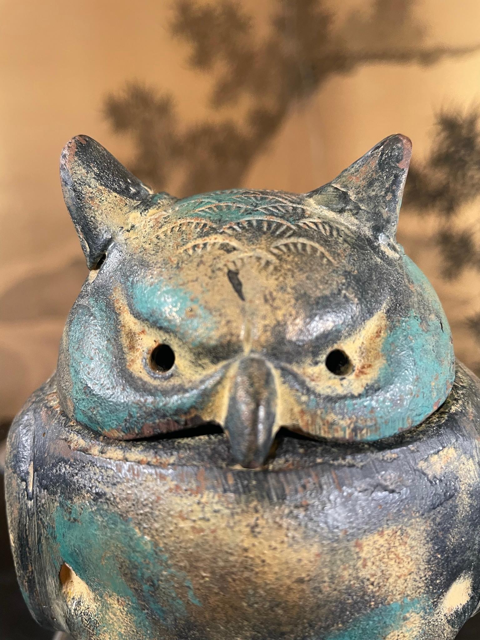 Cast Japanese Gold Gilt Bronze Owl, Fine Details  For Sale