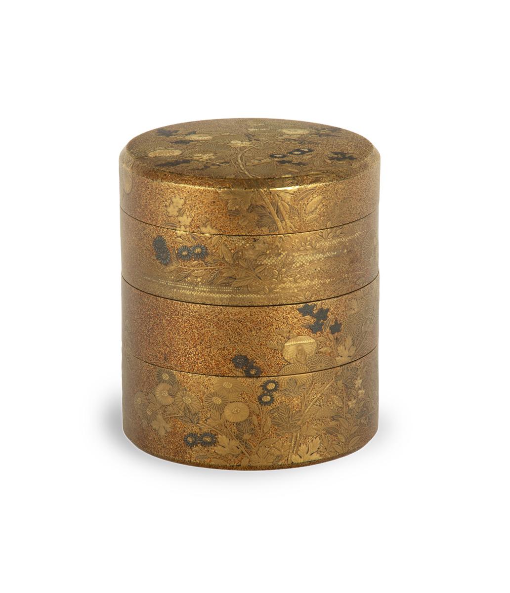 Meiji Japanese Gold Lacquer Cylindrical Box - Ju-Kobako For Sale