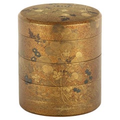 Used Japanese Gold Lacquer Cylindrical Box - Ju-Kobako