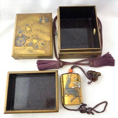 Japanese Gold Lacquer Inro with Deer Image, Ojime, Wood Frog Netsuke, Makie Box