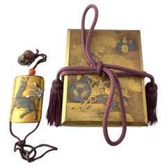 Japanese Gold Lacquer Inro with Deer Image, Ojime, Wood Frog Netsuke, Makie Box
