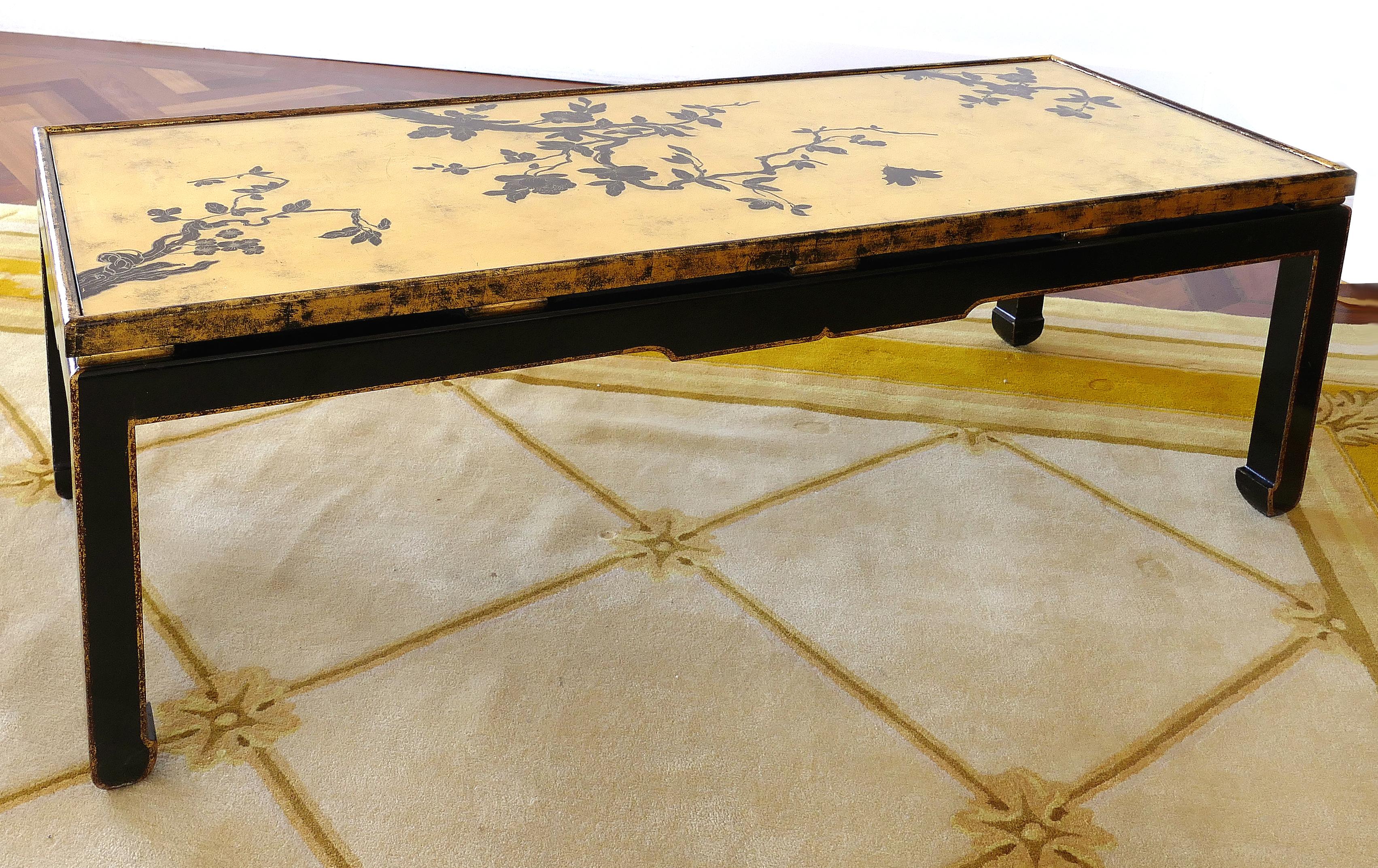 Mid-century Japanese Gold Leaf Cherry Blossom Coffee Table with Inset Glass For Sale 1
