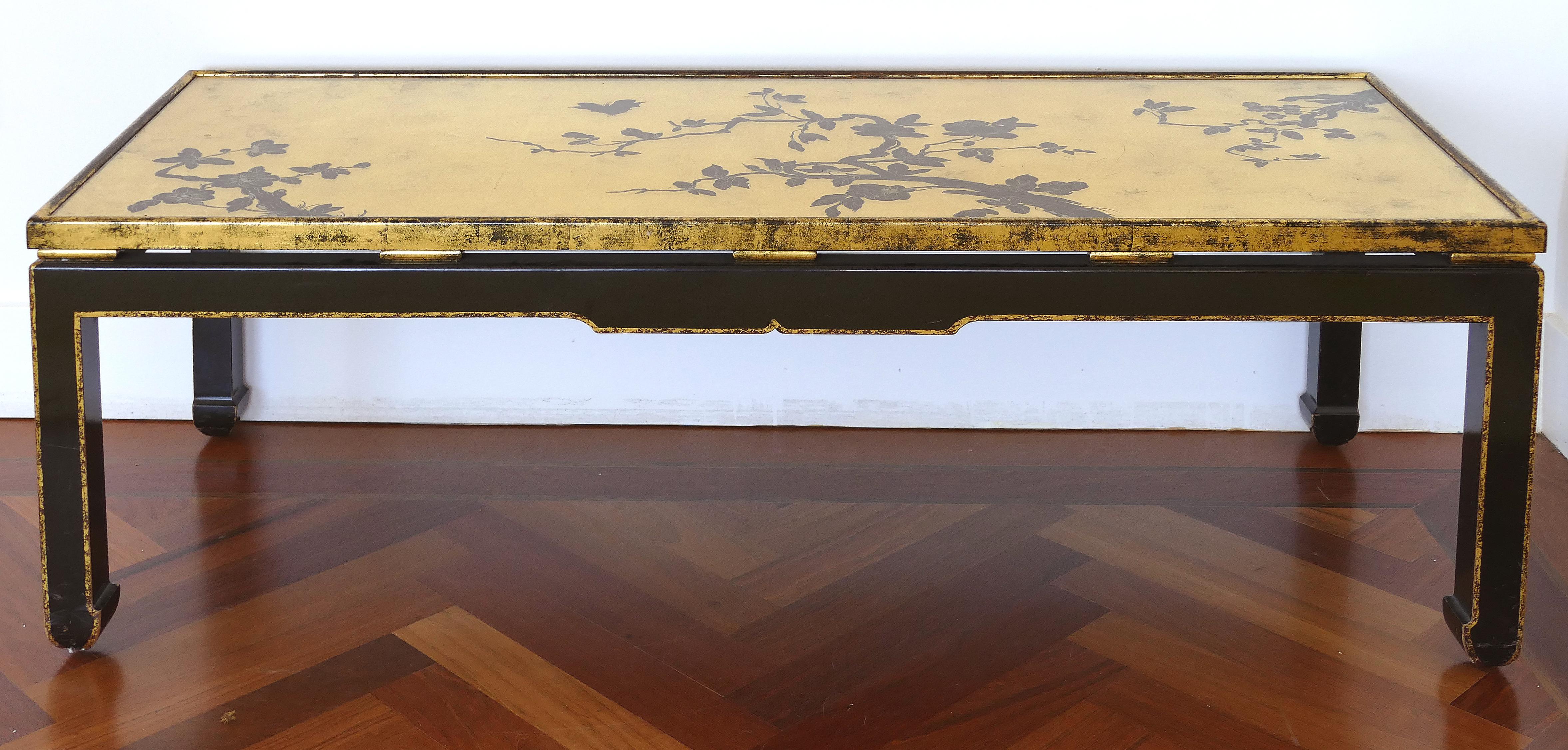 Mid-century Japanese Gold Leaf Cherry Blossom Coffee Table with Inset Glass For Sale 2