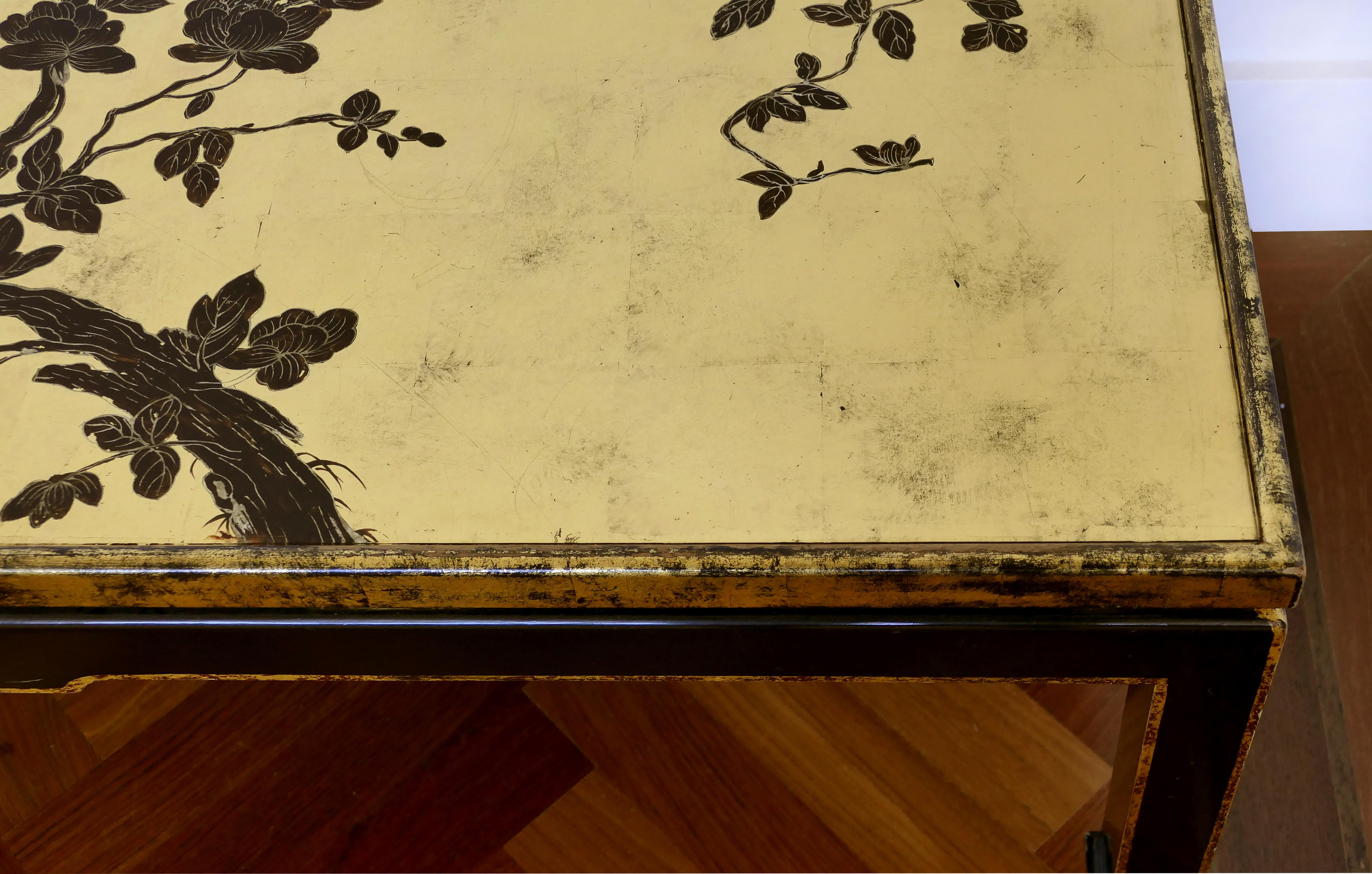 Painted Mid-century Japanese Gold Leaf Cherry Blossom Coffee Table with Inset Glass For Sale