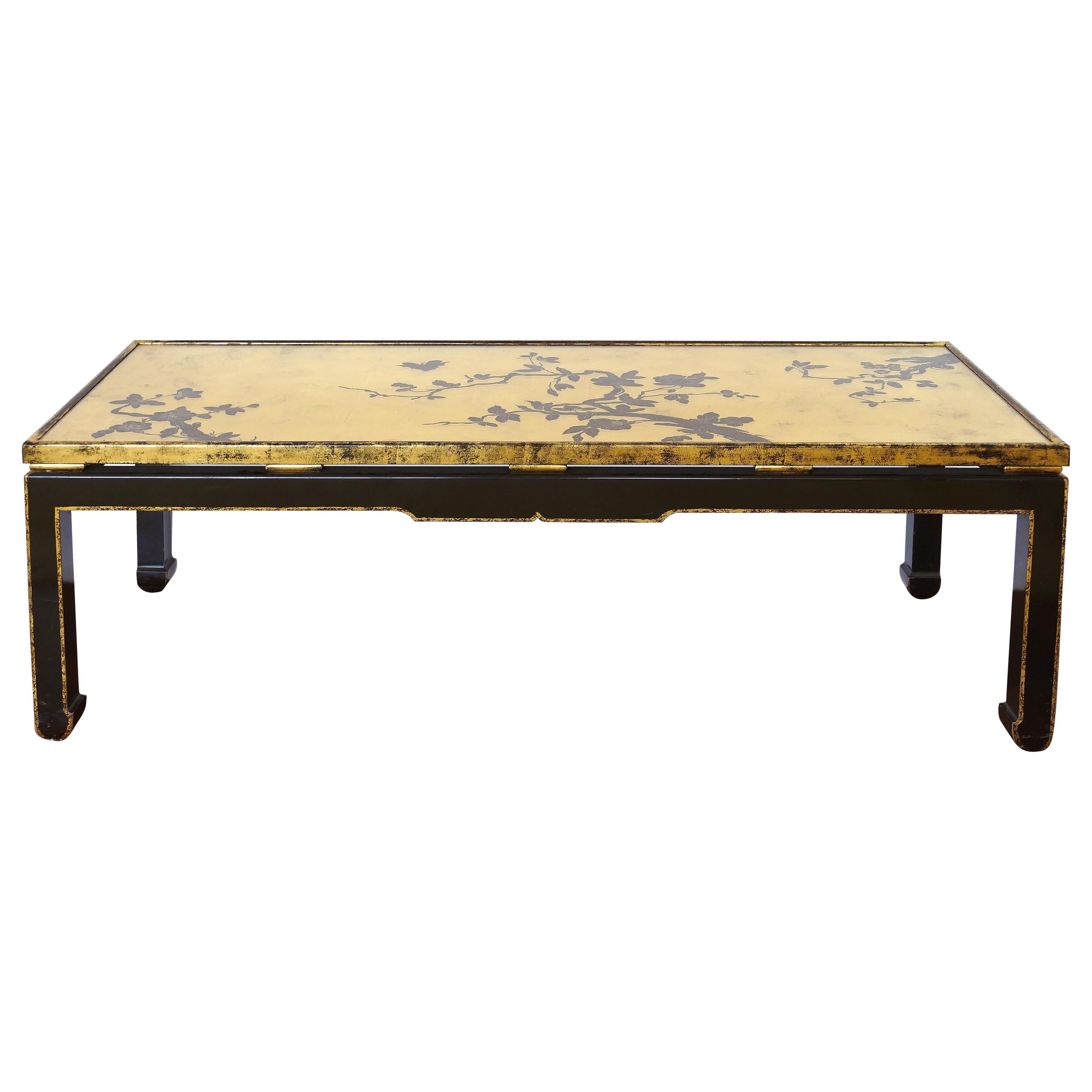 Mid-century Japanese Gold Leaf Cherry Blossom Coffee Table with Inset Glass For Sale
