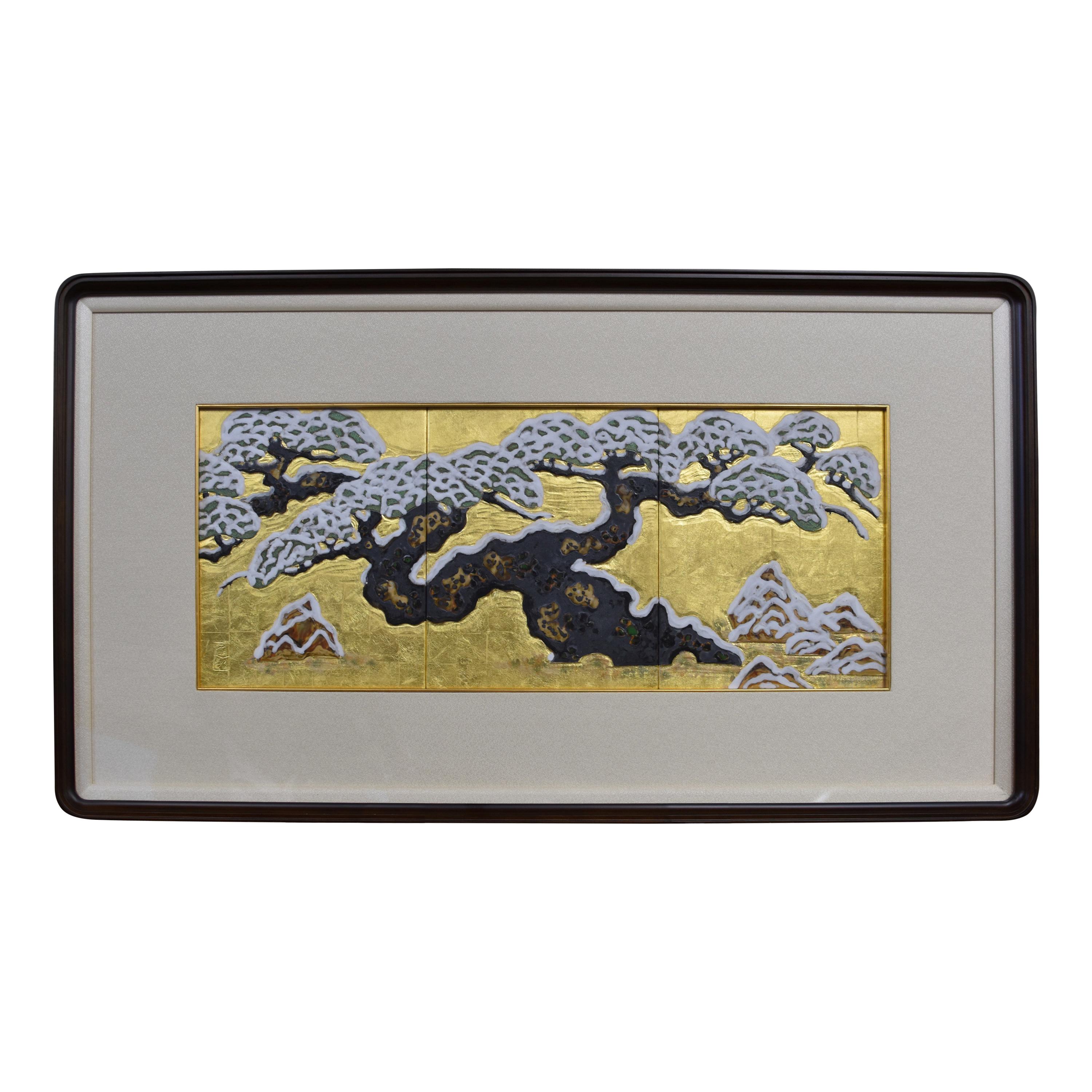 Handbemalte, gerahmte japanische Porzellantafel mit Blattgold von Meisterkünstler