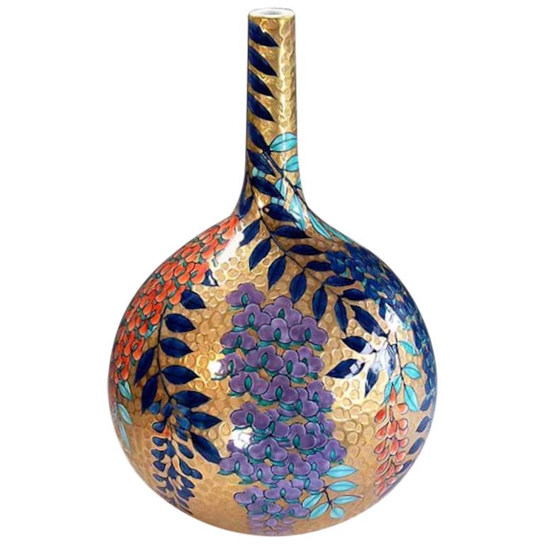 Japanese Contemporary Gold Red Purple Blue Porcelain Vase by Master Artist