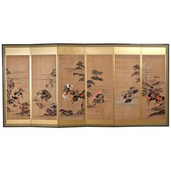 Antique Japanese Golden 6-Leaf Folding Screen Painted