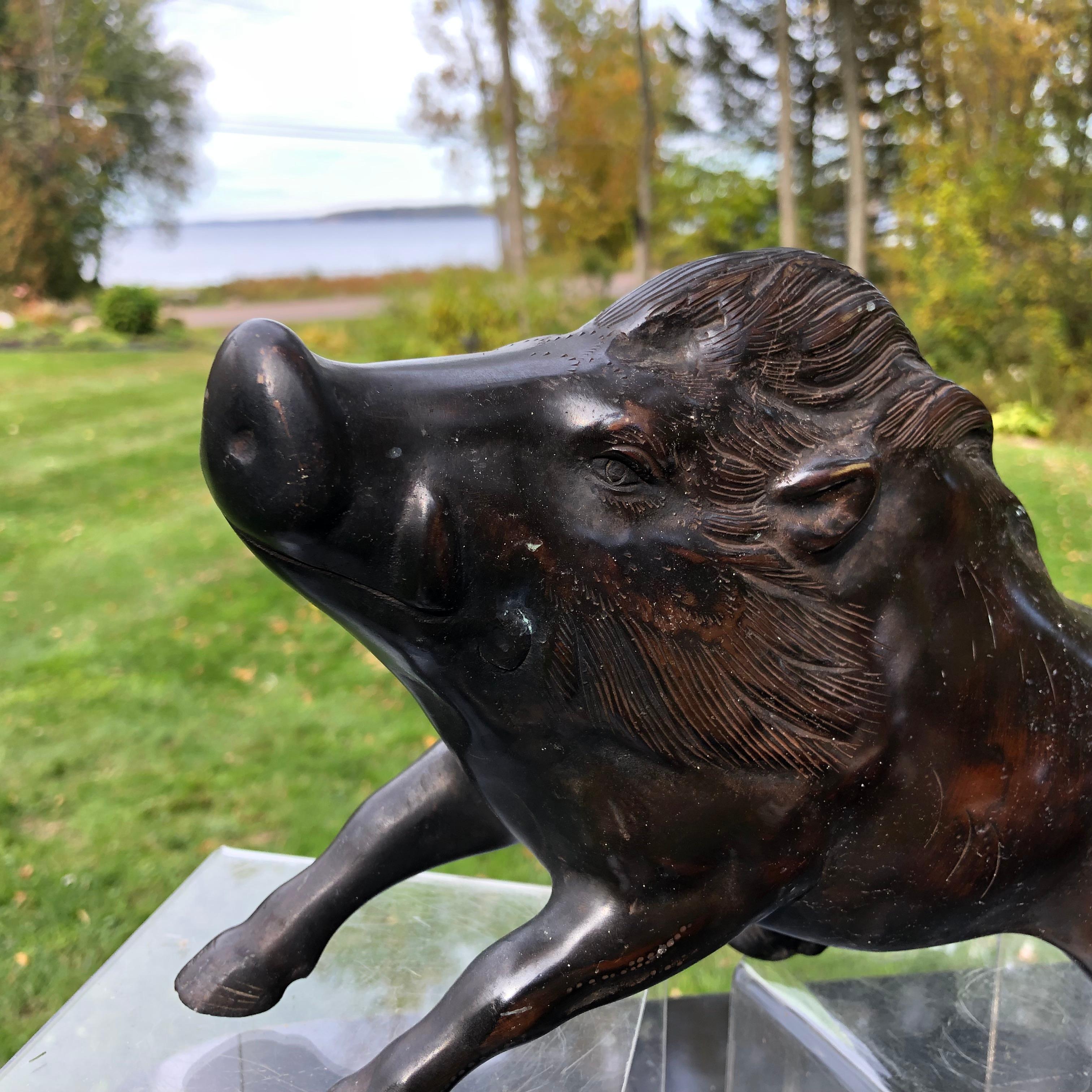 Japanese Great Boar Pig Bronze Sculpture In Good Condition In South Burlington, VT