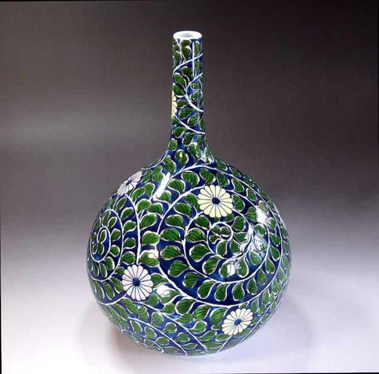 Hand-Painted Japanese Green Blue Porcelain Vase by Contemporary Master Artist For Sale