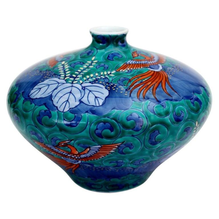 Hand-Painted Japanese Green Porcelain Vase by Contemporary Master Artist For Sale