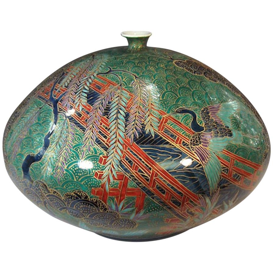 Japanese Green Blue Gold Porcelain Vase by Contemporary Master Artist For Sale