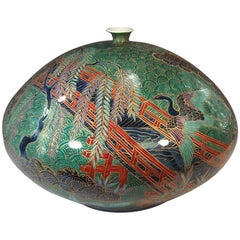 Japanese Green Blue Gold Porcelain Vase by Contemporary Master Artist